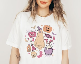 Halloween Shirts For Women Spooky Season Shirt Pumpkin Shirt Ghost TShirt Fall T-Shirts Cute Witch Halloween Graphic Tee Groovy Halloween