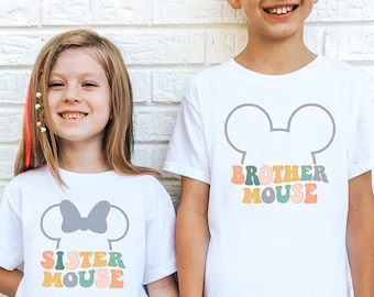 Brother Mouse Sister Mouse Shirts Matching Mouse Ears T-Shirts For Siblings Happiest Place Shirts Retro Magical Family Tees Kids Toddler Tee
