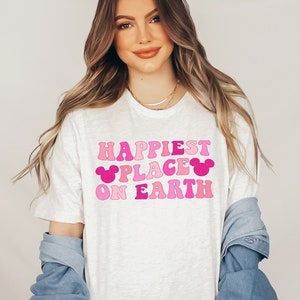 Happiest Place On Earth Shirts Pink Mouse Ears Tee WDW Colorful Groovy Magic Kingdom Kids Toddler Baby Matching Family Retro Vacation Tees