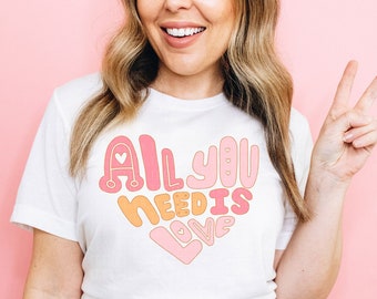 All You Need Is Love Valentines Shirt, Cute Valentine's Day Outfits For Girls,Retro Groovy Heart Tee,Valentine Shirts For Babies Toddler Kid