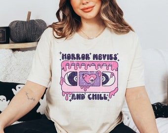 Halloween Shirts Horror Movies And Chill Shirt Groovy Shirt Spooky Season Shirt Fall T-shirts For Women Cute Gifts For Halloween Lover Shirt