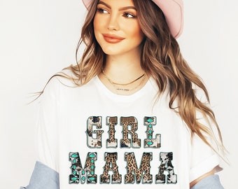 Girl Mama Shirt Western Country Mama Graphic Tee Cute Mom Announcement T-Shirt Cow Print Shirt Cowgirl Mothers Day Gift Pregnancy Reveal Tee