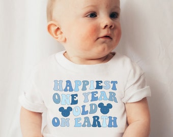 Happiest One Year Old On Earth Shirt Cute Mouse Ears First Birthday 1st Birthday Tee Retro Colorful T-Shirt Baby Bodysuit Outfit B-day Gift