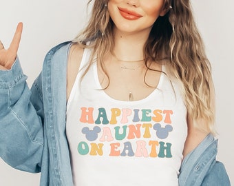 Happiest Aunt On Earth Tank Top Vacation Shirt Family Shirt Vacation Tank Summer Tanks Colorful Retro Racerback Tank For Women Auntie Shirts