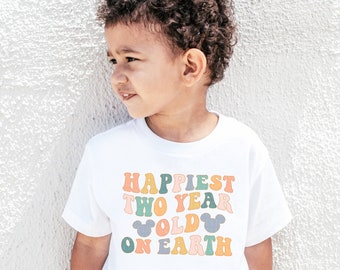 Happiest Two Year Old On Earth Shirt, Cute Mouse Ears Second Birthday 2nd Birthday Tee, Retro Colorful T-Shirt Toddler Kids Outfit Bday Gift