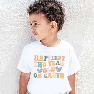 Happiest Two Year Old On Earth Shirt, Cute Mouse Ears Second Birthday 2nd Birthday Tee, Retro Colorful T-Shirt Toddler Kids Outfit Bday Gift
