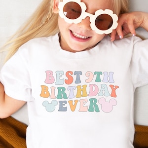 Best 9th Birthday Ever Shirt Ninth Birthday Shirt Retro Mouse Ears Bday Shirt Magical Vacay Shirt Colorful T-Shirt Kids Birthday Shirts