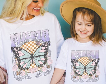 Mama Shirt Mini Shirts Mothers Day Shirts Floral Butterfly Mommy & Me Matching T-Shirt Mama And Mini Groovy Retro Mom Daughter Tees Mom Gift