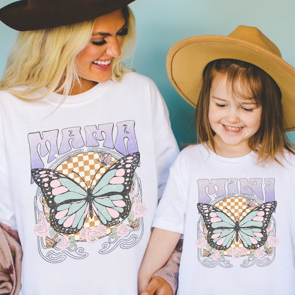 Mama Shirt Mini Shirts Mothers Day Shirts Floral Butterfly Mommy & Me Matching T-Shirt Mama And Mini Groovy Retro Mom Daughter Tees Mom Gift