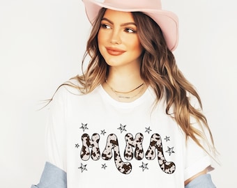 Mama Shirt Western Country Mama Graphic Tee Announcement T-Shirt Cow Print Shirt Cowgirl Cute Mom Shirt Mothers Day Gift Pregnancy Reveal