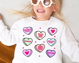 Candy Hearts Sweatshirt Mouse Ears Sweatshirt Valentines Day Shirt Happiest Place On Earth Best Day Ever Cute Family Trip Kids Shirt Toddler