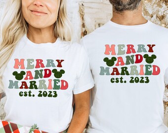 Merry And Married Shirt Happiest Place On Earth Magic Kingdom Honeymoon Tee WDW T-Shirts For Couples Matching Christmas Newlywed Shirts