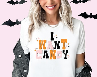 Halloween Shirt I Want Candy Shirt Trick Or Treat Tee Spooky Season Tee Women's Fall Shirts For Women Matching Mommy and Me Toddler Tee Kids