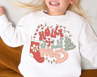 Holly Jolly Vibes Christmas Sweatshirts Christmas Tree Shirt Stockings Cute Groovy Retro Toddler Shirt Kids Matching Xmas Holiday Gifts