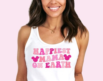 Happiest Mama On Earth Tank Top Vacation Shirt Family Vacation Tank Summer Tanks Colorful Pink Retro Racerback Tank For Women Mom Shirts