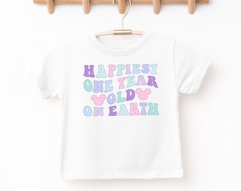 Happiest One Year Old On Earth Shirt Cute Pastel Mouse Ears 1st Birthday Tee First Birthday Retro Colorful T-Shirt Baby Bodysuit Outfit Gift