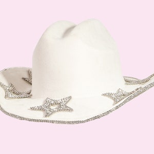 Cowgirl Hat Star Embellished Studded Rhinestone Star Ivory Cowboy Hat Nashville Bachelorette Party Hats Concert Outfit Cute Gift For Bride