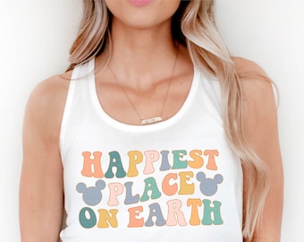 Happiest Place On Earth Tank Top Vacay Shirt Summer Tank Mouse Ears Tank Vacation Shirts Colorful Retro Racerback Tank For Women Kids