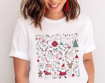 Christmas Shirt Christmas Shirts For Women Christmas Doodles Favorites Christmas Little Things Tee Santa Xmas Tree Snowman Cute Holiday Gift