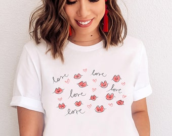 Valentine Shirt, Hearts and Kisses Shirt, Love Lips, Valentine's Day Shirt, Cute Valentine's Gift For Her, Girlfriend Wife BFF Galentines