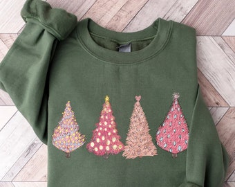 Christmas Sweatshirt Christmas Trees Shirt Crewneck Pullover Sweater Cute Xmas Tree Gift Holiday Shirts Christmas Sweatshirt For Women Pink