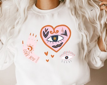 Valentines Sweatshirt, Valentine Shirt For Women Cute Little Things Favorites Doodles, Galentine Shirt Boho Sweatshirt, All Seeing Love