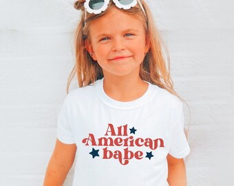 4th Of July Shirts Toddler Tees Girls Shirt All American Babe T-Shirt Retro American Girl Red White Blue Fourth of July America Kids Tee