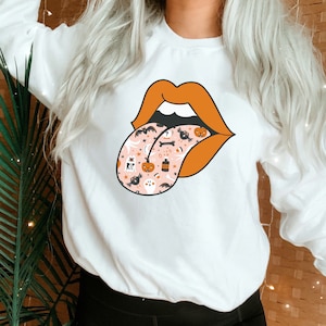 Halloween Sweatshirt Halloween Tongue Shirt Lips Sweatshirt Pumpkin Womens Halloween Shirt Cute Spooky Season Crewneck Sweater Plus Size