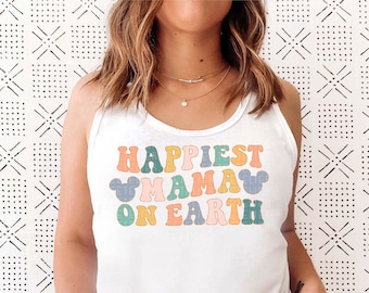 Happiest Mama On Earth Tank Top Vacation Shirt Mouse Ears Tank Mama Park Outfits Colorful Retro Racerback Tank For Women Unisex Jersey Tank