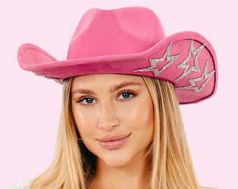 Sombrero de vaquera con estrella de diamantes de imitación tachonada y adornado en rosa y fucsia, sombrero de vaquero con estrella plateada, sombrero de despedida de soltera de Nashville, sombrero de novia, atuendo de concierto, regalo