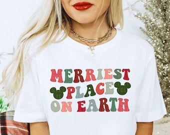 Merriest Place On Earth Shirt Vacation Christmas Shirt Happiest Place Retro Xmas Graphic Tee Festive Colorful Shirt Family Kids Tee Toddler