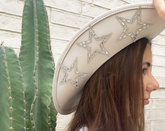 Cowgirl Hat Ivory Star Embellished Studded Rhinestone Star Cowboy Hat Nashville Bachelorette Party Hats Concert Outfit Cute Gift For Bride