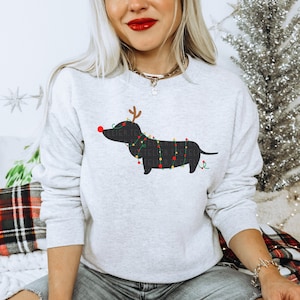 Dachshund Sweatshirt Christmas Lights Shirt Festive Weiner Dog Shirt Dog Lover Gift Holiday Crewneck Pullover Cute Doxie Mom Sweatshirts image 1