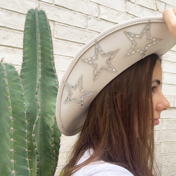 Cowgirl Hat Ivory Star Embellished Studded Rhinestone Star Cowboy Hat Nashville Bachelorette Party Hats Concert Outfit Cute Gift For Bride