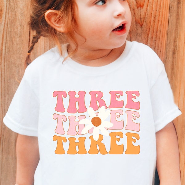 Daisy Three Shirt Groovy 3rd Birthday Shirt Third Birthday Party T-Shirt Retro Birthday Outfit Girls 3rd Bday Tee Pink Bday Outfits Girls