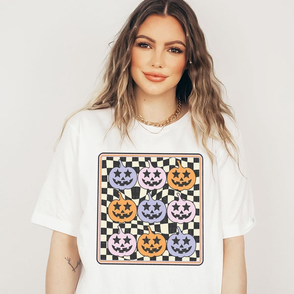 Halloween Shirts Retro Cute Pumpkin T-shirt Retro Jacko Lantern Shirt Checkered Pattern Halloween Graphic Tee Matching Kids Tee Toddler Baby