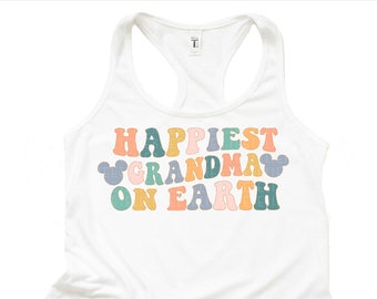Happiest Grandma On Earth Tank Top, Vacay Shirt, Summer Tank, Mouse Ears Shirt, Vacation Shirts, Colorful Retro Racerback Tank For Women