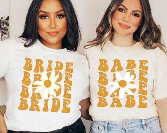 Bachelorette Party Shirts Babe And Bride Daisy Shirts Retro Graphic Tee Bridal Party Shirts Girls Trip T-Shirts Gift For Bridesmaids Groovy