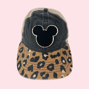 Mouse Ears Glitter Chenille Patch Hat Leopard Print Mesh Back Cap Baseball Cap Women&#39;s Ponytail Cap Magical WDW Happiest Place Cute Gifts