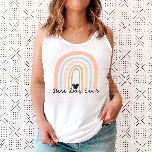 Best Day Ever Tank Top, Racerback Tank Top, Rainbow Mouse Ears Tank,Colorful Retro Vacation Outfit, Racerback Tank For Women