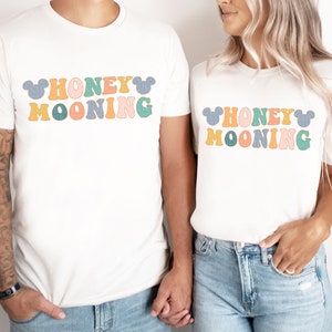 Honeymooning Shirt Just Married Engagement Trip Shirts Colorful Vacay T-Shirts Retro Honeymoon Vacation Tees Mouse Ears Happiest Place