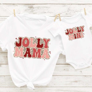 Christmas Shirts Mommy and Me, Jolly Mama Jolly Mini Leopard Retro Holiday Mother Daughter Shirts,Matching Outfits, XMAS Festive Matching
