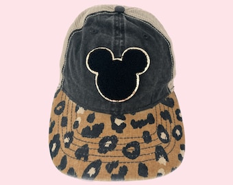 Mouse Ears Glitter Chenille Patch Hat Leopard Print Mesh Back Cap Baseball Cap Women's Ponytail Cap Magical WDW Happiest Place Cute Gifts