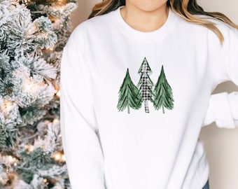 Christmas Trees Sweatshirt, Merry Christmas Unisex Sweatshirt, Cute Christmas Sweatshirt, Womens Christmas, Buffalo Plaid Sweatshirt, XMAS