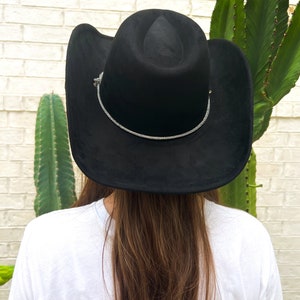 Black Cowboy Hat Rhinestone Rope Chin Strap Womens Fall Hat Cowboy Hats Nashville Bachelorette Hat Bach Party Bride Concert Outfit Gift