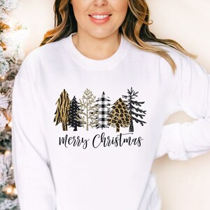 Christmas Sweatshirt Christmas Trees Sweatshirt Leopard Buffalo Plaid Trees Holiday Shirt Womens Xmas Shirt Holiday Outfit Christmas Apparel
