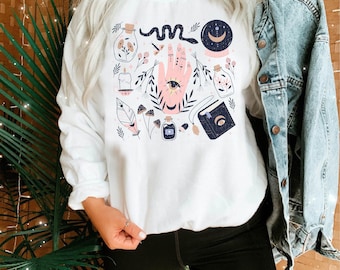 Halloween Sweatshirt Boho Sweatshirt Vintage, Mystical Witchcraft Bohemian Trendy Shirt Long Sleeve Pullover Cute Crewneck Sweater Plus Size