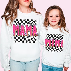 Mama Sweatshirt Mini Shirt Groovy Mothers Day Shirts Checkered Mommy & Me Matching Mama And Mini Sweatshirt Retro Mom Daughter Mom Gift