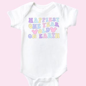 Happiest One Year Old On Earth Shirt 1st Birthday Tee Cute Pastel Mouse Ears First Birthday Retro Colorful T-Shirt Baby Bodysuit Outfit Gift image 1