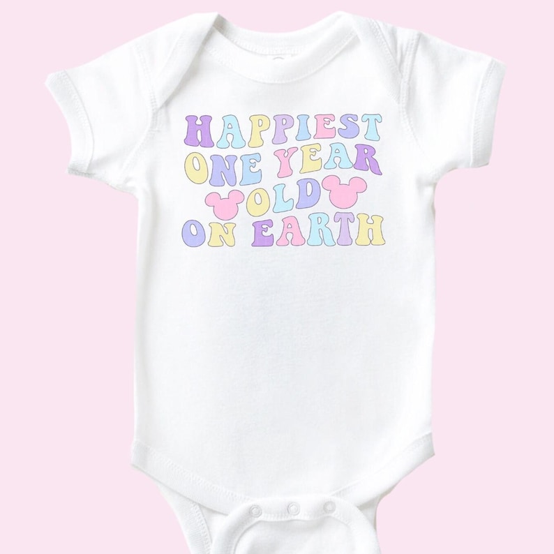 Happiest One Year Old On Earth Shirt 1st Birthday Tee Cute Pastel Mouse Ears First Birthday Retro Colorful T-Shirt Baby Bodysuit Outfit Gift image 1